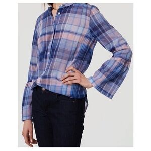 Ann Taylor LOFT Cotton Blue Plaid Bell Sleeve Softened Shirt Top Size Large